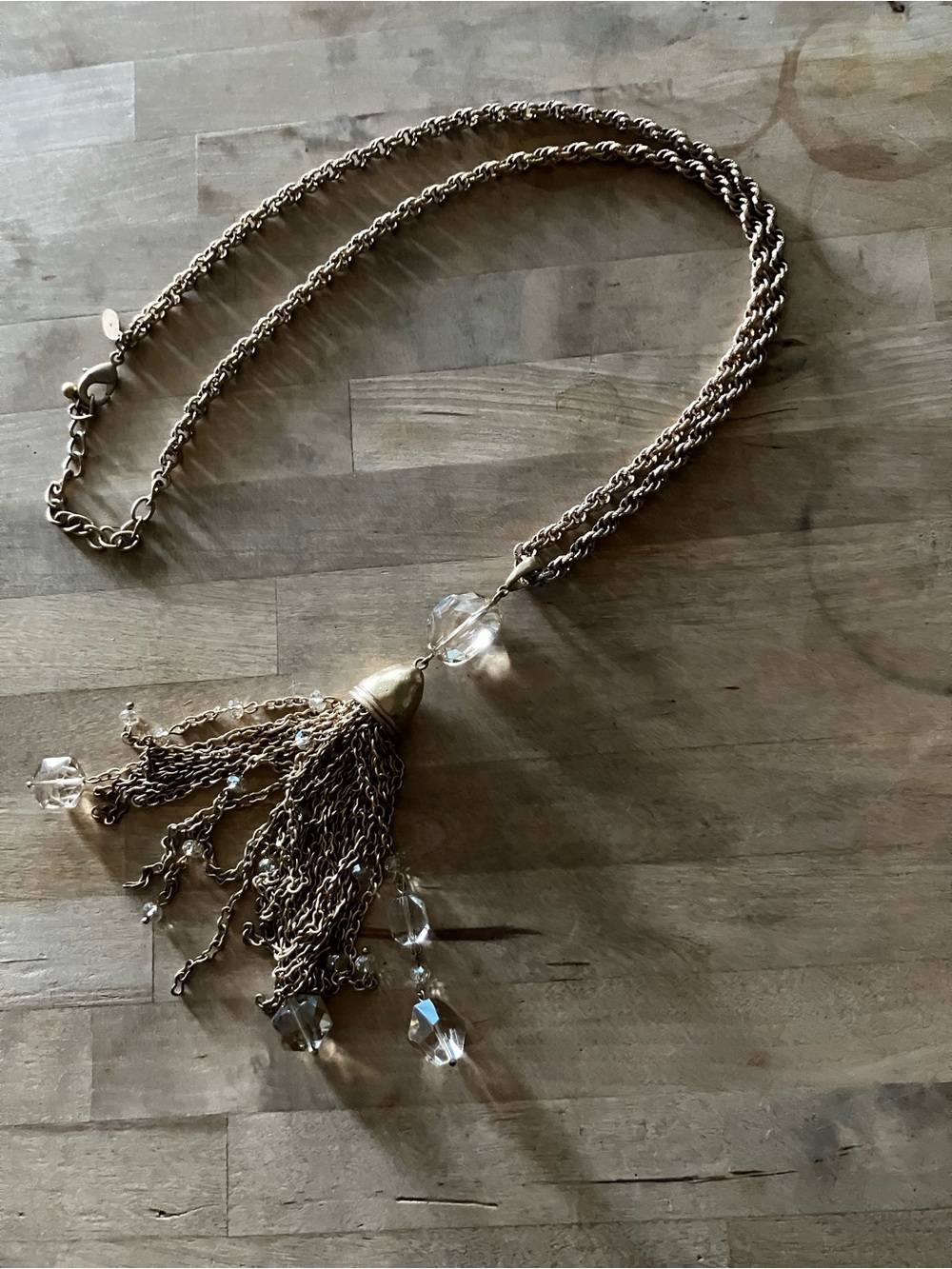 Chico's Gold-Tone Chain Tassel Necklace with Crystal Accents